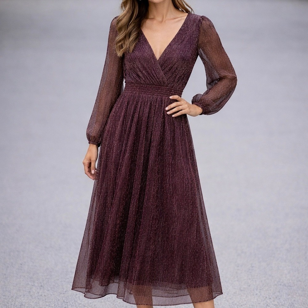 Maurices Size Medium Midi Dress Plum Metallic Shimmer Smocked V-Neck Long Sleeve